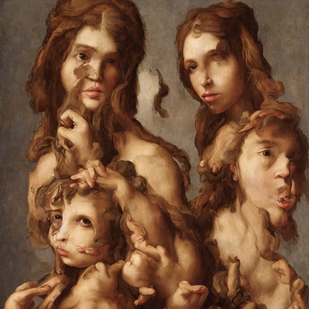 Image similar to a beautiful neanderthal girl, dressed in the style of baroque, italian renaissance painting