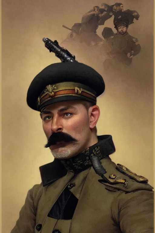 Prompt: portrait photo of russian man in khaki military tunic wearing black papakha with black moustache and shaved chin, holding a blue lightsaber, no beard, handsome, highly detailed, digital painting, artstation, concept art, smooth, sharp focus, illustration, art by gaston bussiere and alphonse mucha