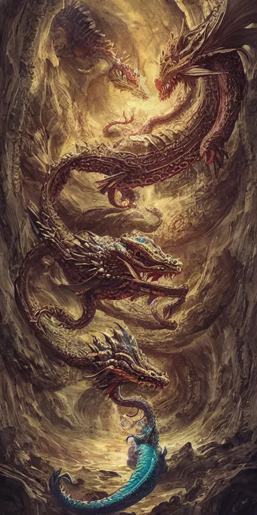 Image similar to epic fight of colorful Ouroboros and water dragon floating around inside an ancient mage castle hall colossal scale, gothic and baroque, brutalist architecture, ultradetailed, intricate details by Ellen Jewett and Ayami Kojima