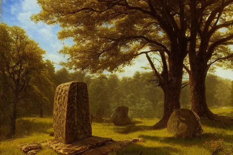 Prompt: runestone, runic inscription, megalithic, monument, nature, trees, focused, centered, very detailed, norse, history, oil painting, Albert Bierstadt