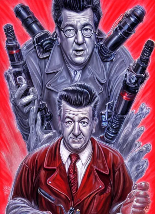 Image similar to portrait of david lynch in ghostbusters ( 1 9 8 4 ), highly detailed, centered, solid color background, digital painting, artstation, concept art, smooth, sharp focus, illustration, donato giancola, joseph christian leyendecker, les edwards, ed repka, wlop