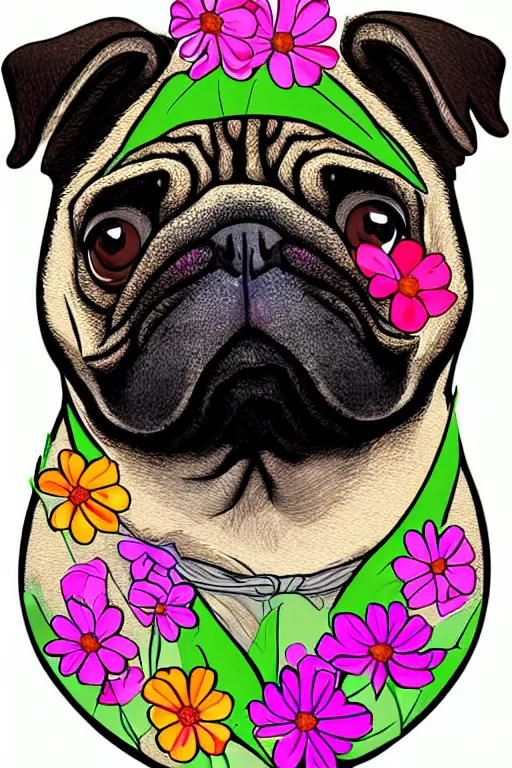 Image similar to portrait of a flower rambo pug, art by milka oxana, sticker, colorful, illustration, highly detailed, simple, smooth and clean vector curves, no jagged lines, vector art, smooth