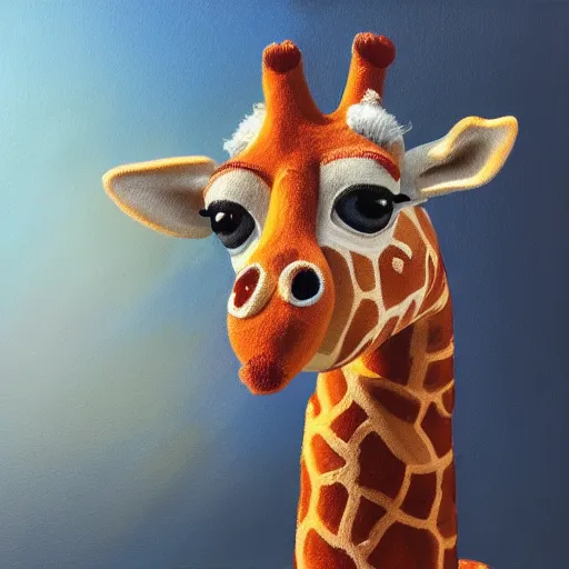 Image similar to Geoffrey the giraffe plush face, dynamic lighting, cinematic, establishing shot, extremely high detail, shining, photo realistic, cinematic lighting, intricate line drawings, 8k resolution, oil painting on canvas