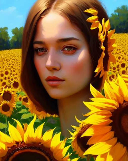 Image similar to stylized portrait of an artistic pose, composition, young lady sorrounded by nature, sunflowers, realistic shaded, fine details, realistic shaded lighting poster by ilya kuvshinov, magali villeneuve, artgerm, jeremy lipkin and michael garmash and rob rey