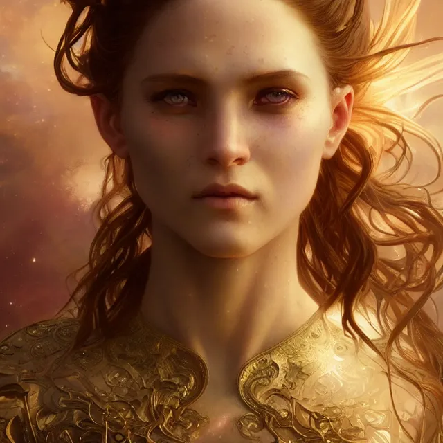 Prompt: close up portrait of a beautiful fantasy female warrior, shiny, glowing hair, subsurface scattering, artistic, magical background with light rays, fantasy atmosphere. art by artgerm, greg rutkowski and alphonse mucha, highly detailed, intricate, lifelike. sci - fi, fantasy, magical, octane render,