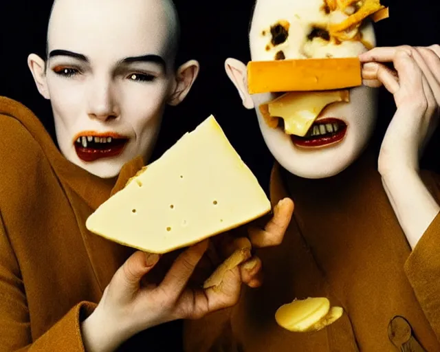 Image similar to incredible strange absurd closeup artwork of androids tasting cheese, finding it very weird but yet oddly tasteful at the same time, weird tasting ritual of cheese products in the style of tim walker fashion photography, also containing some soft cheese