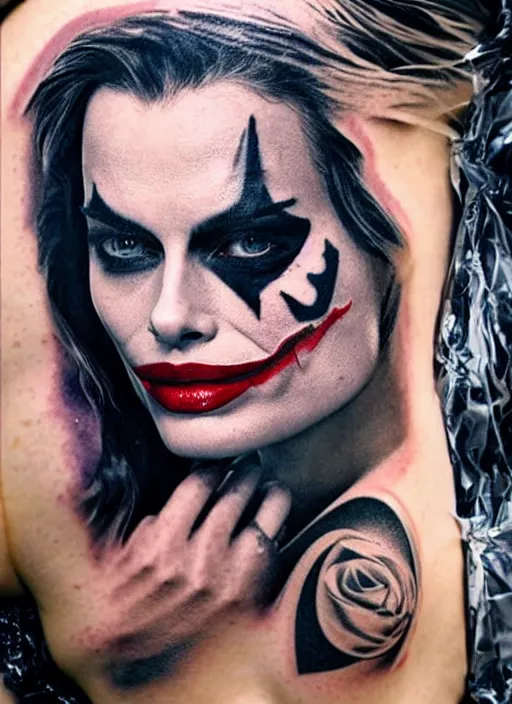 Image similar to beautiful margot robbie with joker makeup tattoo design, holding an ace card, black and white, realism tattoo, hyper realistic, highly detailed