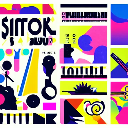 Image similar to beautiful cool graphic design setlist for pitchfork festival, illustration of instruments and stage bauhaus style shapes bright colors psychedelic stickers bold text design, set list of bands saturday and sunday