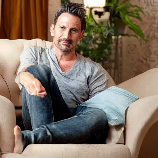 Prompt: 4 0 yo handsome man is sitting gracefully on a sofa