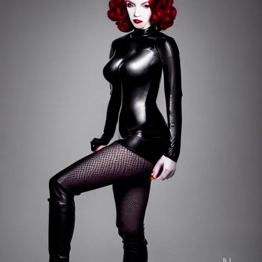 Image similar to Fully-clothed full-body portrait of Christina Hendricks as catwoman with eyes covered, XF IQ4, 50mm, F1.4, studio lighting, professional, 8K