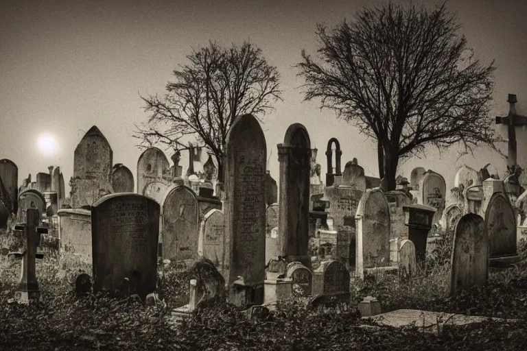 Image similar to spooky graveyard, zombie hand bursting out of the ground, broken tombstones, marble crypt, foggy moonlit night, dark soil, overgrown trees, gothic architecture, rusted iron fencing, high resolution photograph, faded colors, deviantart