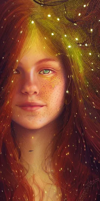 Image similar to infp young woman, smiling amazed, golden fireflies lights, sitting in the midst of nature fully covered, long loose red hair, intricate linework, green eyes, small nose with freckles, oval shape face, realistic, expressive emotions, dramatic lights spiritual scene, hyper realistic ultrafine art by michael cheval, jessica rossier, boris vallejo