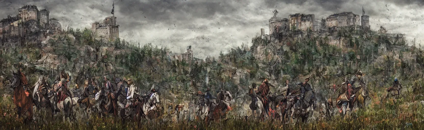 Prompt: horseback knights at scenic overlook; cloudy, grey skies, walled fort city deteriorating office buildings in background on hill; forest; la Bastille, post apocalyptic, grungy; colorful, crisp, artstation