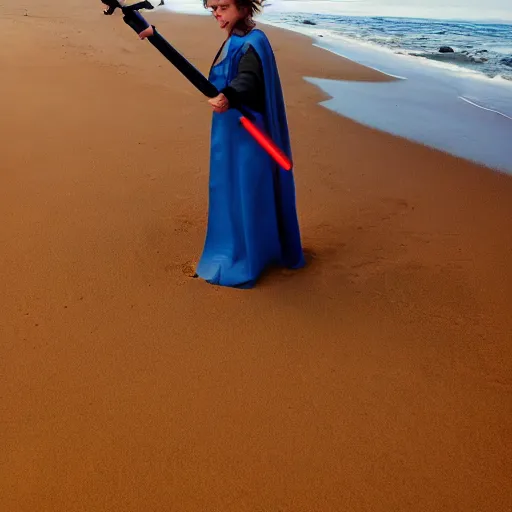 Image similar to Anakin Skywalker!!!, vacuuming on a beach