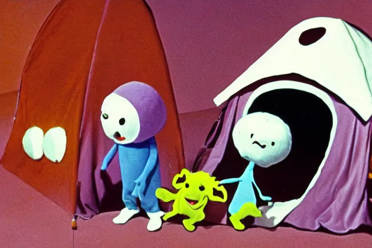 Image similar to a color still from a weird 1972 kids tv show where a sad cheese puppet and a furry ghost have a tickle party with death tent