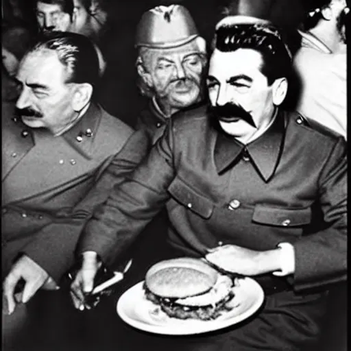 Image similar to stalin eats a hamburger at mcdonald's, photo in color