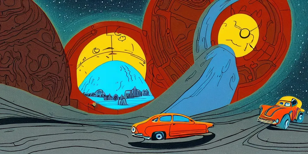 Image similar to traditional drawn colorful animation a car with solo man with sad face to valley symmetrical architecture on the ground, space station planet afar, planet surface, ground, tree, outer worlds extraterrestrial hyper contrast well drawn Metal Hurlant Pilote and Pif in Jean Henri Gaston Giraud animation film The Masters of Time FANTASTIC PLANET La planète sauvage animation by René Laloux