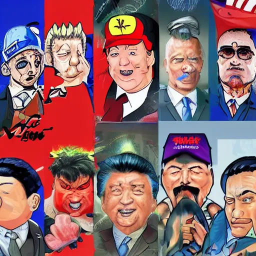 Image similar to xi jinping vs donald trump, street fighters, street fighter, fight, against, digital art, cartoon style