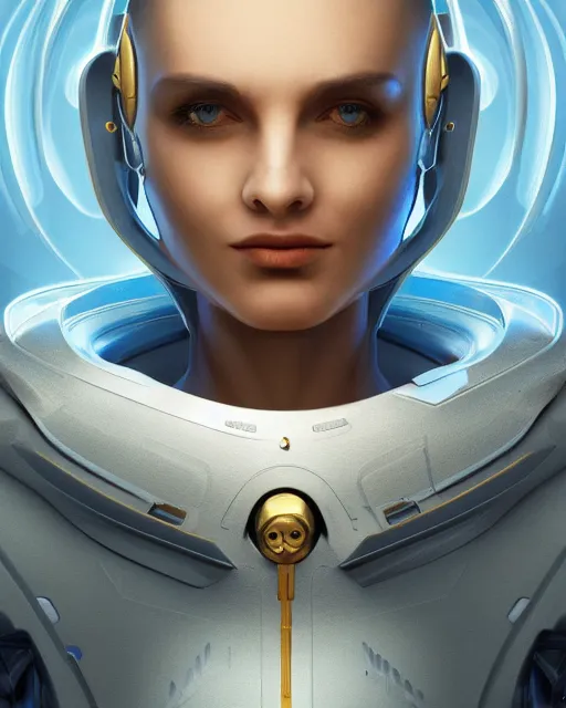 Prompt: portrait of a cyborg, necromancer, benevolant, scifi, futuristic, elegant cape, intelligent, alien room background, white, blue, gold, highly detailed, trending on artstation, soft light, holy machine, advanced technology, art by vitaly bulgarov and nivanh chanthara