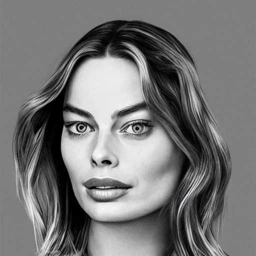 Image similar to Margot Robbie, head and shoulders portrait, extremely detailed masterpiece, one single continues line.