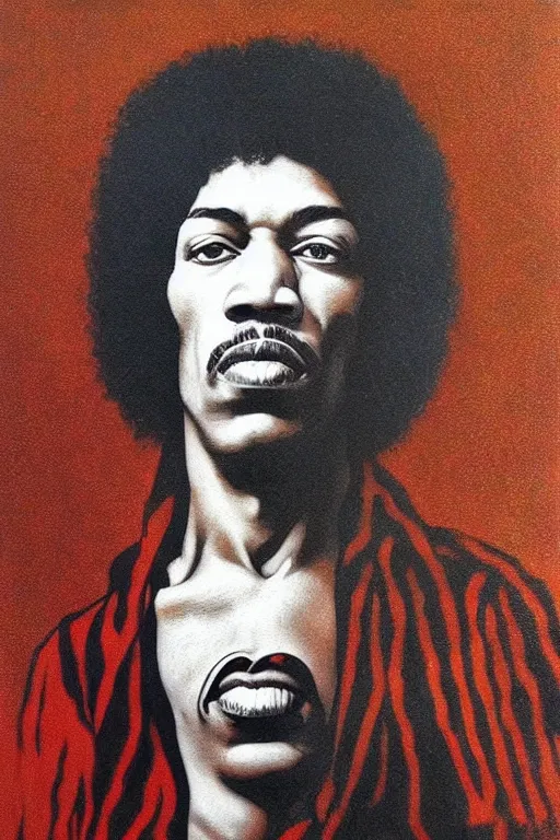 Image similar to ultra realistic Jimi Hendrix face portrait in the style of grant wood