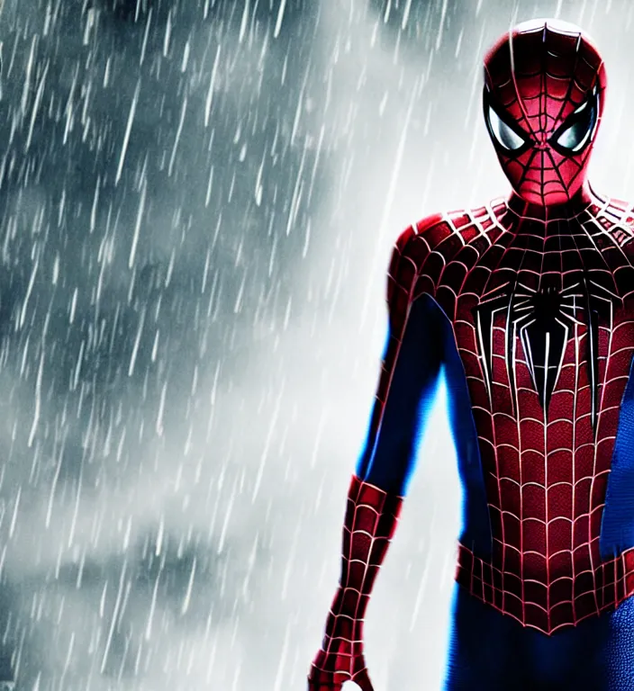 Image similar to cinematic of tobey maguire as spiderman, dramatic rain, 8 k