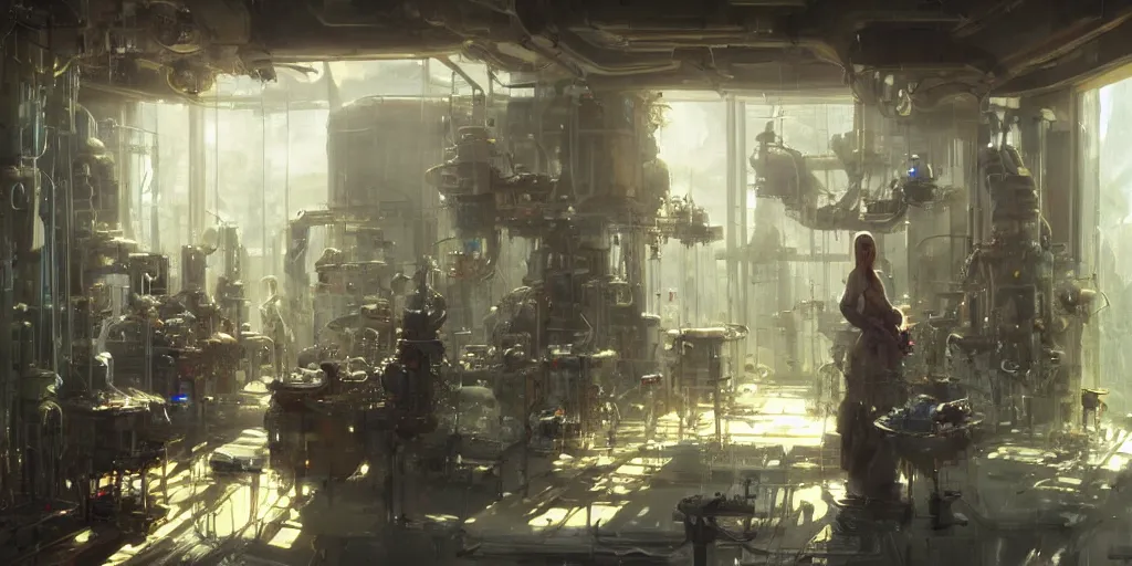 Prompt: extremely detailed portrait of a biopunk laboratory seen from within the sunny window, artstation, cinematic, by greg rutkowski, overrun by rabbits, devastated