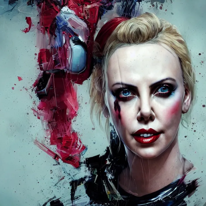 Image similar to portrait of Charlize Theron as a harley quinn. intricate abstract. intricate artwork. by Tooth Wu, wlop, beeple, dan mumford. octane render, trending on artstation, greg rutkowski very coherent symmetrical artwork. cinematic, hyper realism, high detail, octane render, 8k, iridescent accents