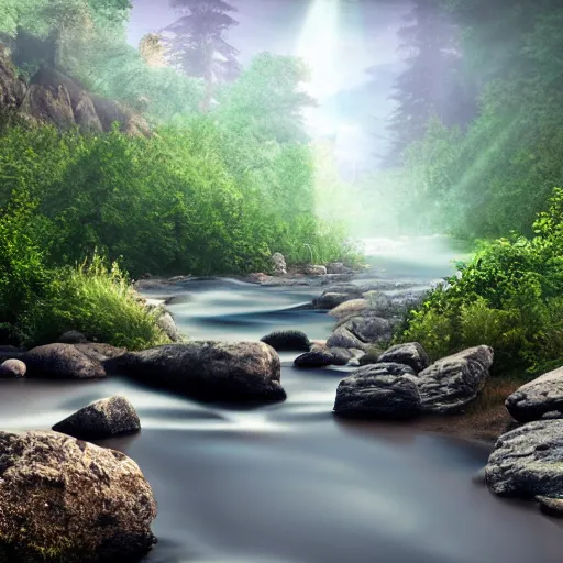 Image similar to a beautiful landscape, river, rocks, trees, volumetric lighting