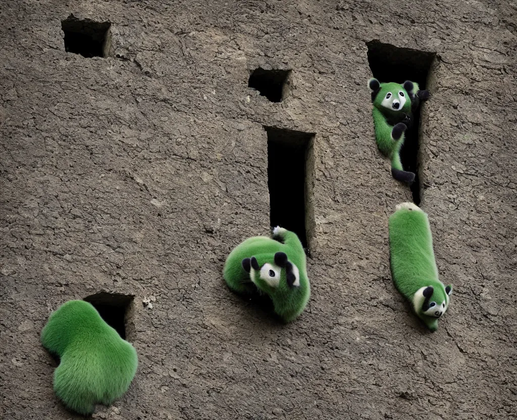 Prompt: Green panda climbing a chimney, National Geographic photography