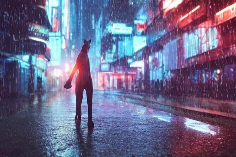 Image similar to VFX movie of a futuristic cat walking through a cyberpunk city rainy night natural lighting by Emmanuel Lubezki