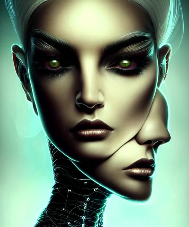 Prompt: Supermodel woman turning into an Android portrait, dark surrealism , scifi, intricate, elegant, sharp black neon eyebrows, ornate long flowing platinum blonde hair and small black streaks, highly detailed cybernetic body, neon glowing eyes, digital painting, artstation, concept art, smooth, sharp focus, illustration, art by Artgerm and moebius and Peter Mohrbacher