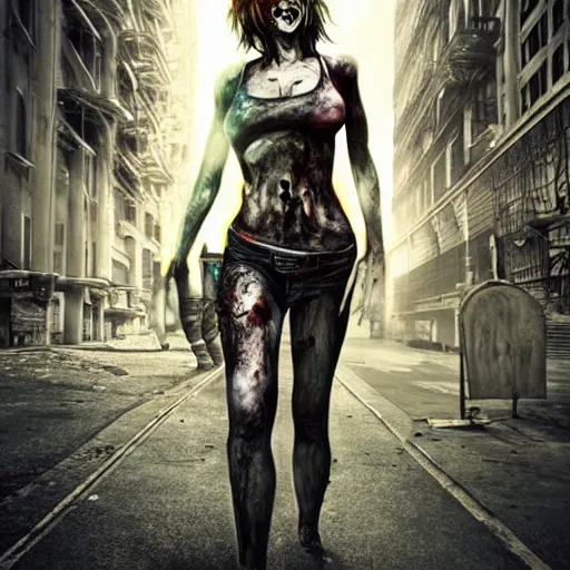 Image similar to angry zombie full body portrait of milla jovovich, new york urban background szene, grimdark horror, stylized digital illustration, global illumination, ray tracing, hdr, fanart arstation by ian pesty and katarzyna bek - chmiel