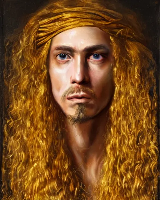 Image similar to realistic portrait of a mysterious pirate made of gold in silky clothes with long golden hair, detailed, 1 4 5 0, delicate, hyper realism, ultra realistic, 8 k