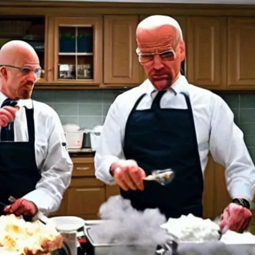 Image similar to “Very photorealistic screenshot of Joe Biden and Walter White cooking drugs in an episode of Breaking Bad, atmospheric lighting, award-winning”