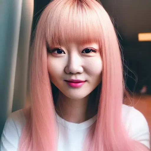 Image similar to beautiful hyperrealism selfie of nikki 苏 暖 暖 from shining nikki, a cute 3 d young woman smiling sofly, long light pink hair and full bangs, flushed face, blushing, small heart - shaped face, soft features, amber eyes, chinese heritage, golden hour, 8 k, sharp focus, instagram