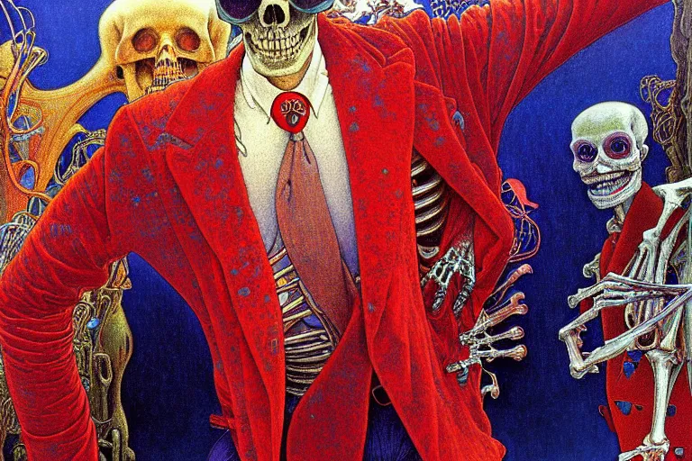 Image similar to realistic detailed closeup portrait painting of a single skeleton wearing red velvet blazer in a crowded futuristic moscow street by Jean Delville, Amano, Yves Tanguy, Alphonse Mucha, Ernst Haeckel, Edward Robert Hughes, Roger Dean, rich moody colours, blue eyes