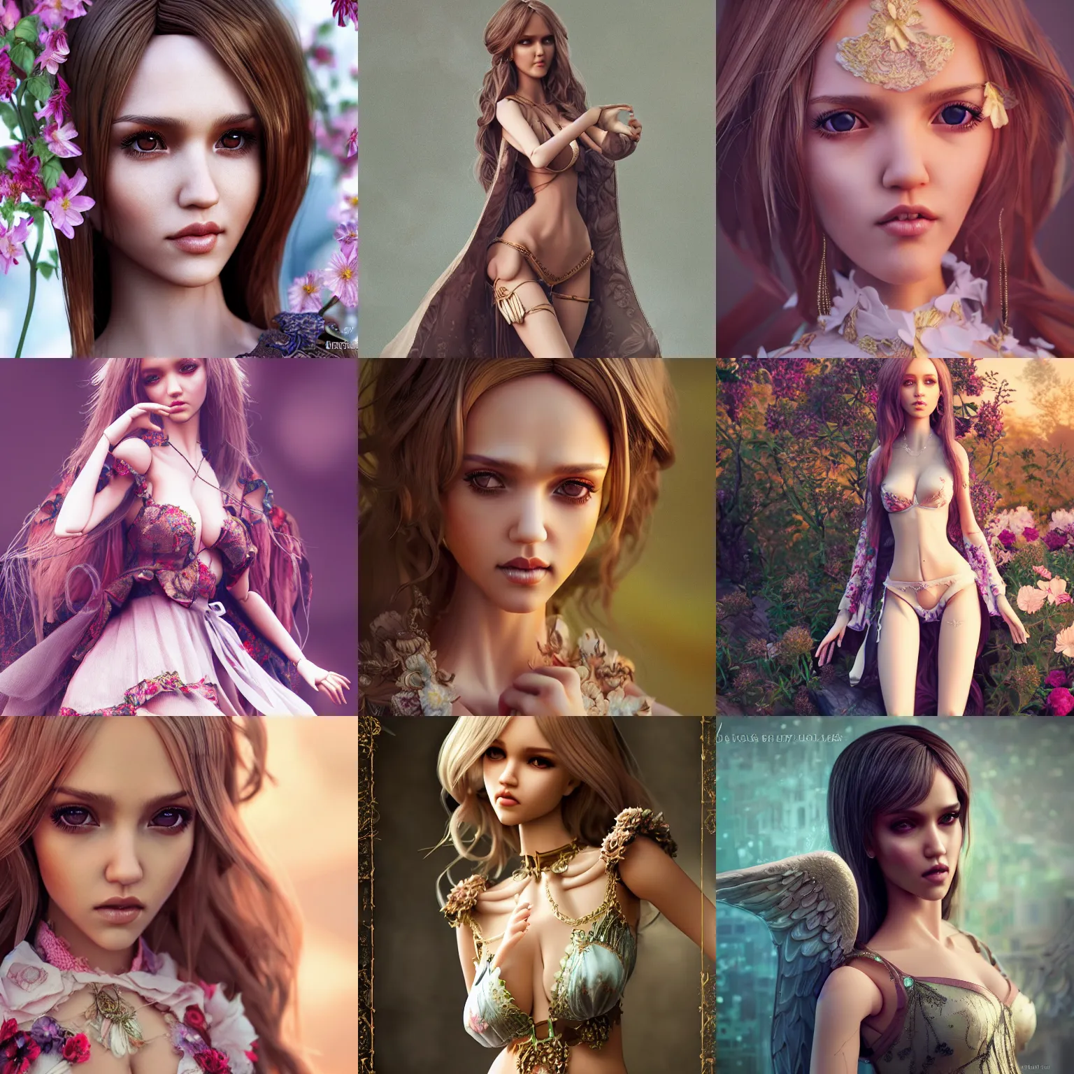 Prompt: jessica alba as an angelphilia bjd doll, ornate floral, artstation, artgerm, mucha, wlop, loish, octane render, smooth, sharp focus, decadent,