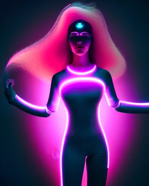 Prompt: six armed cybersuit goddess, dark bio-mechanical bio-luminescence, luminous capes, glowing drapes, fiberoptic hair, bokeh, flowing, floating, movement, connecting life, cinematic