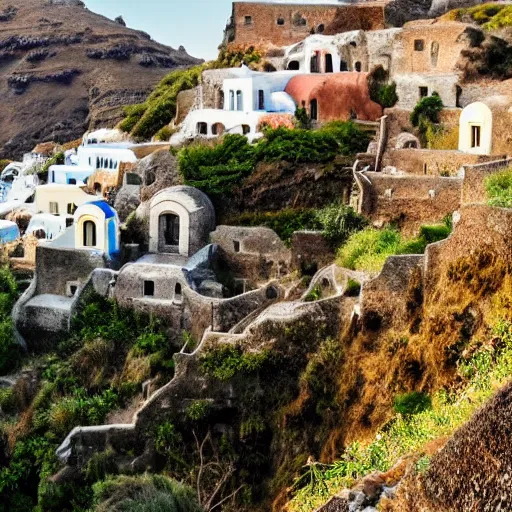 Prompt: overgrown abandoned ruins of santorini, national geographic