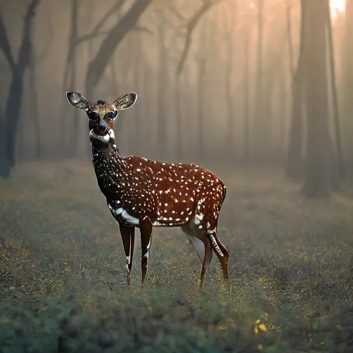 Image similar to a beautiful spotted deer in the woods lit by the morning sky, sunrise, chital, photorealistic, by annie leibovitz and steve mccurry, natural light, canon eos c 3 0 0, ƒ 1. 8, 3 5 mm, 8 k, medium - format print