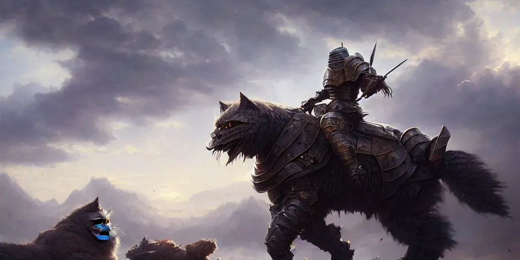 Image similar to an armored knight riding on a big fluffy cat, digital art, landscape, fantasy art, octane render, unreal engine, high detail, very realistic, by greg rutkowski. by james gurney