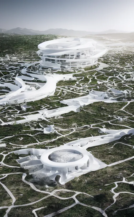 Image similar to bioremediation white architecture, in chuquicamata, epic, cinematic, hyperealistic, high detailed, corona render, hdr, ray tracing