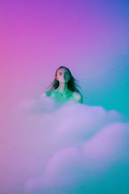 Image similar to high quality pastel coloured film close up wide angle photograph of a model wearing clothing swimming on cloud furniture in a icelandic black rock!! environment in a partially haze filled dreamstate world. three point light, rainbow. photographic production. art directed. pastel colours. volumetric clouds. pastel gradient overlay. waves glitch artefacts. extreme facial clarity. 8 k. filmic.