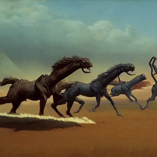 Prompt: carnivorous cyborg horses galloping across a blasted plain. c. leyendecker, simon stalenhag, studio ghibli, barlowe, audobon and beksinski