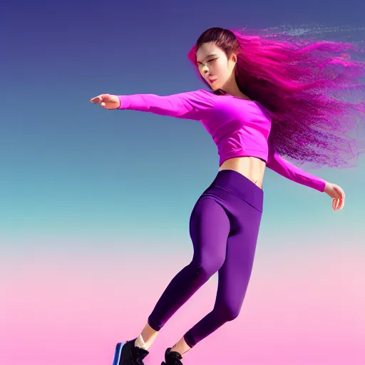 Image similar to a award winning half body shot of a beautiful woman in a croptop and leggings with a ombre purple pink teal hairstyle with head in motion and hair flying, outrun, vaporware, highly detailed, fine detail, intricate