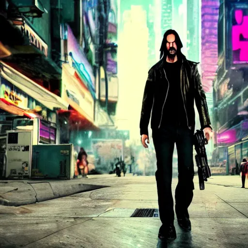 Image similar to high quality photo of Keanu Reeves in a cyberpunk cyberpunk cyberpunk city, realism, 8k, award winning photo