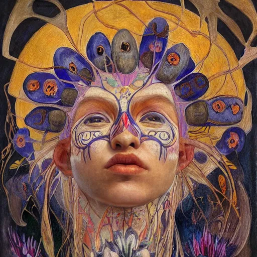 Prompt: masterpiece painting of a dark flower shaman, by annie swynnerton and jean delville and tino rodriguez and diego rivera, facemask made of flowers, art brut, outsider art, symbolist, dramatic lighting, god rays, elaborate geometric ornament, clean crisp graphics, smooth sharp focus, extremely detailed, adolf wolfli