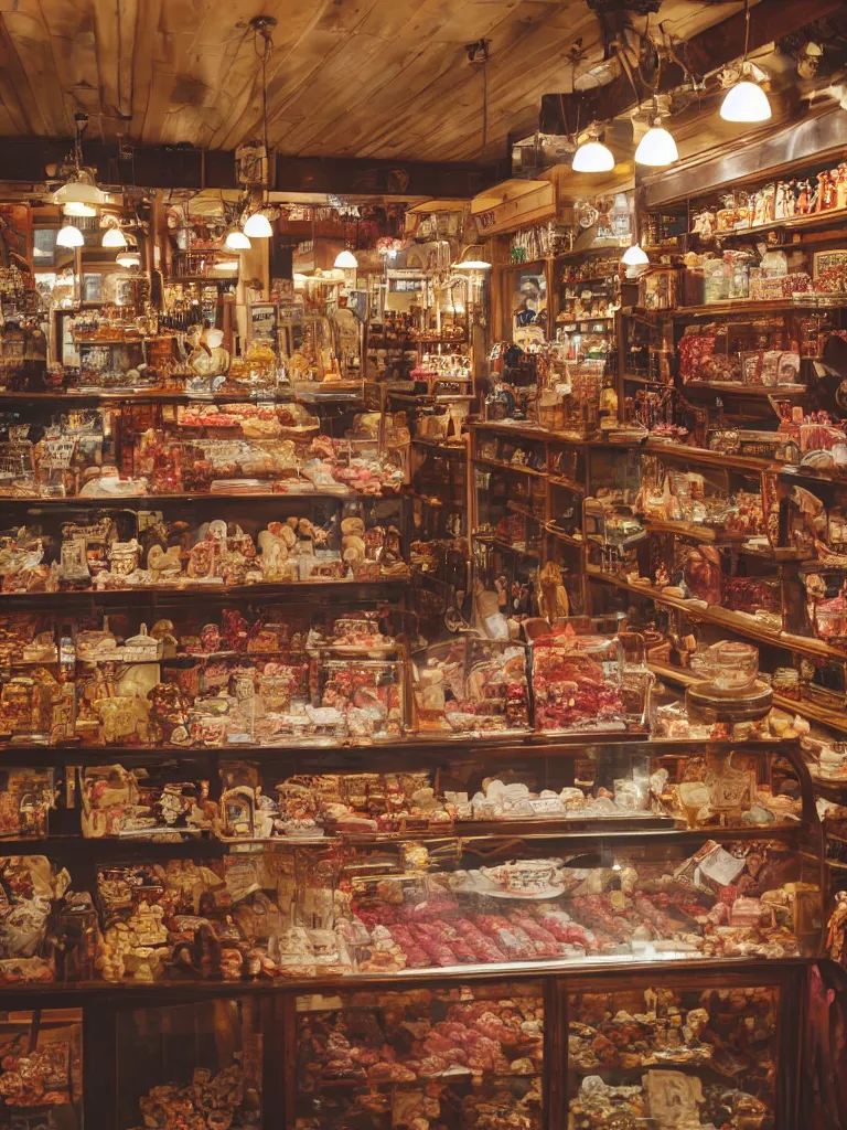 Prompt: Inside a beautiful old fashioned sweet shop, fantasy vendor interior, wide angle, cinematic shot, highly detailed, cinematic lighting , photo-realistic