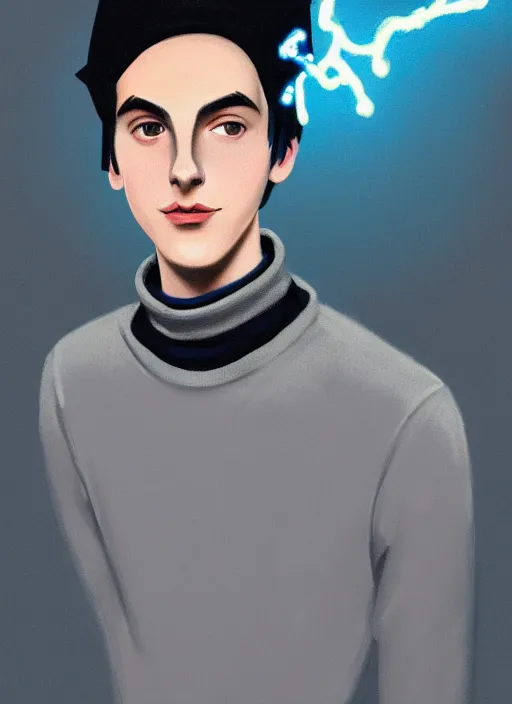 Image similar to portrait of teenage jughead jones wearing a light grey crown, crown, blue turtleneck, 1 9 5 0 s, closed eyes, photorealistic, black hair, glowing lighting, intricate, elegant, glowing lights, highly detailed, digital painting, artstation, concept art, smooth, sharp focus, illustration, art by wlop, mars ravelo and greg rutkowski